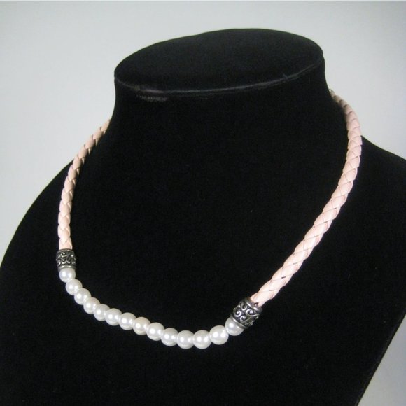Imitation Pearl Beaded Necklace 17" Pink Braided Cord Silvertone Strand Jewelry - Picture 4 of 6